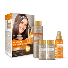 KATIVA front packaging showing full Brazilian keratin kit and clear contents benefit