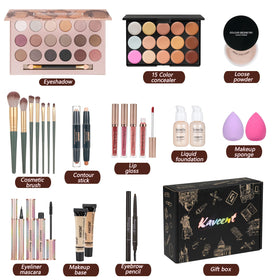 KAVCENT open 18-color eyeshadow palette displaying varied pigments and finishes