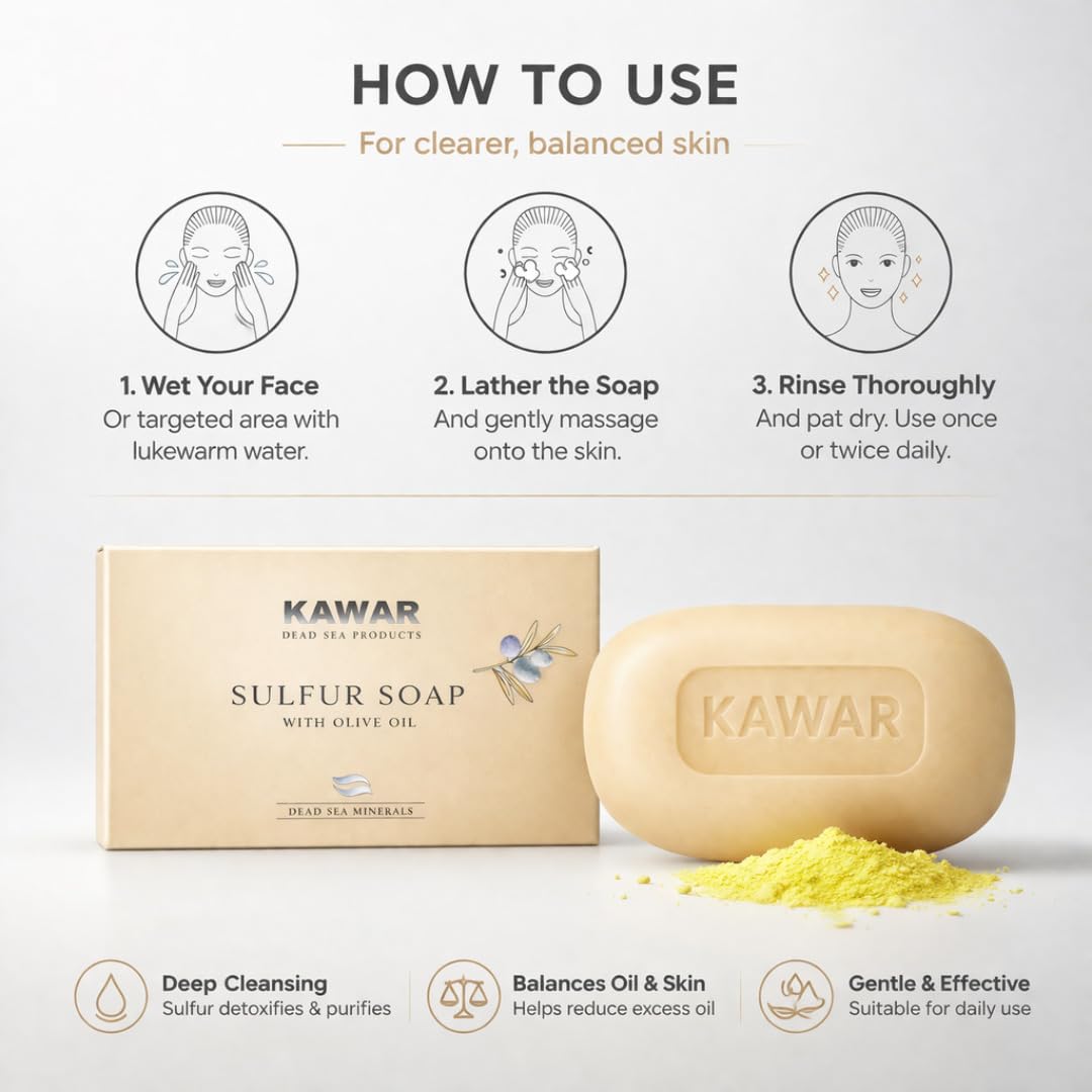 KAWAR soap on bathroom shelf conveying daily skincare use