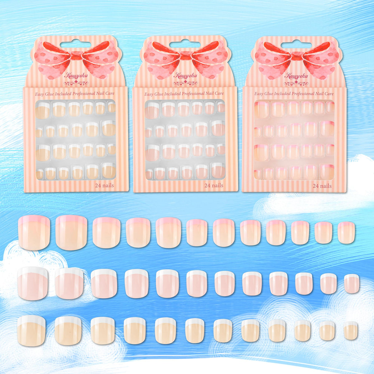 Kawyehu box open with three trays visible, demonstrating included 24 nails per box for variety