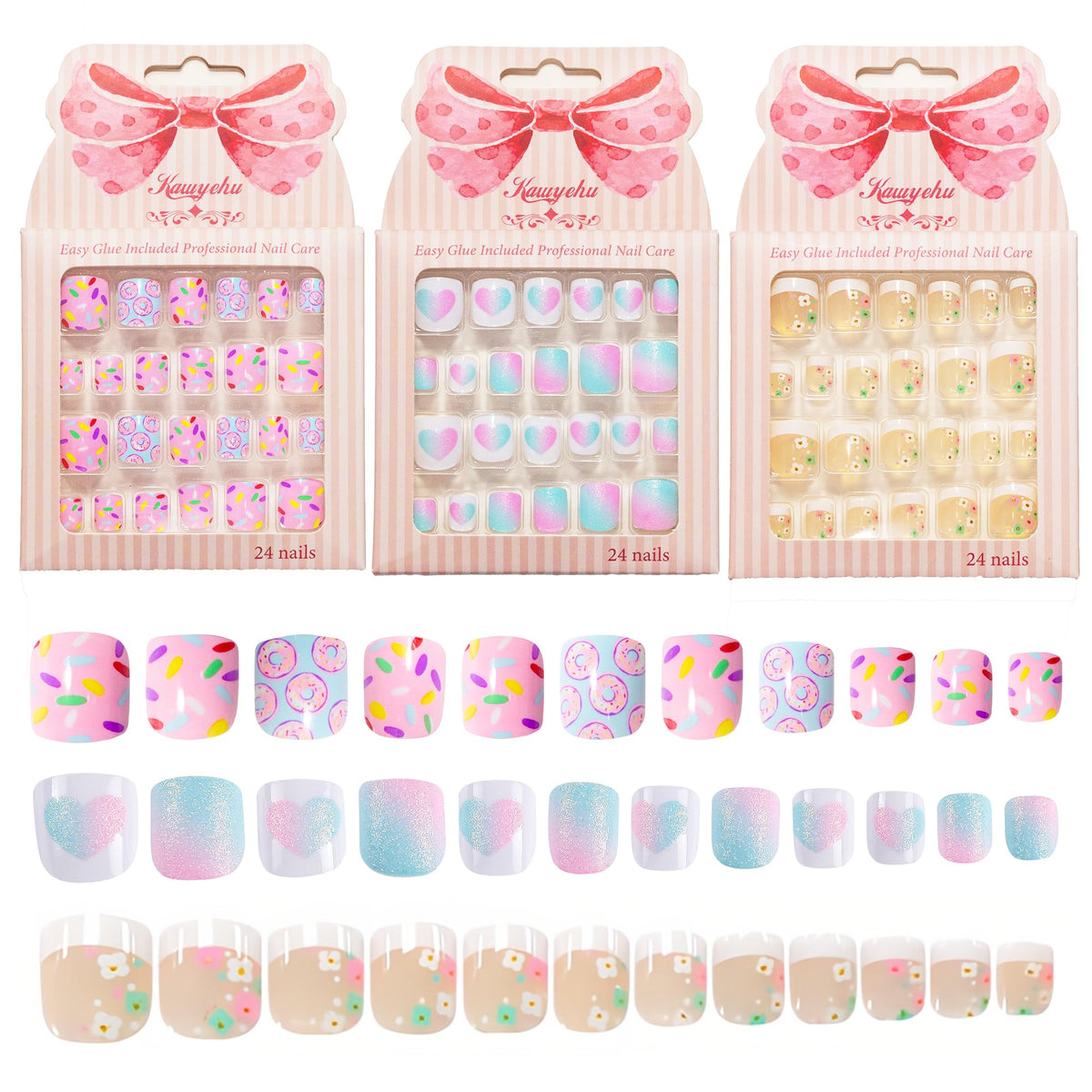 kawyehu front packaging showing three boxes and colorful nail designs