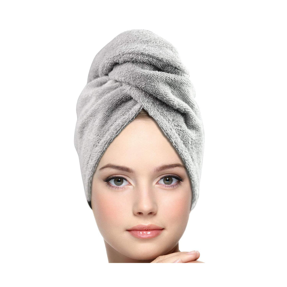 KEEPOZ front view of grey towel wrap showing shape and color benefit absorbency