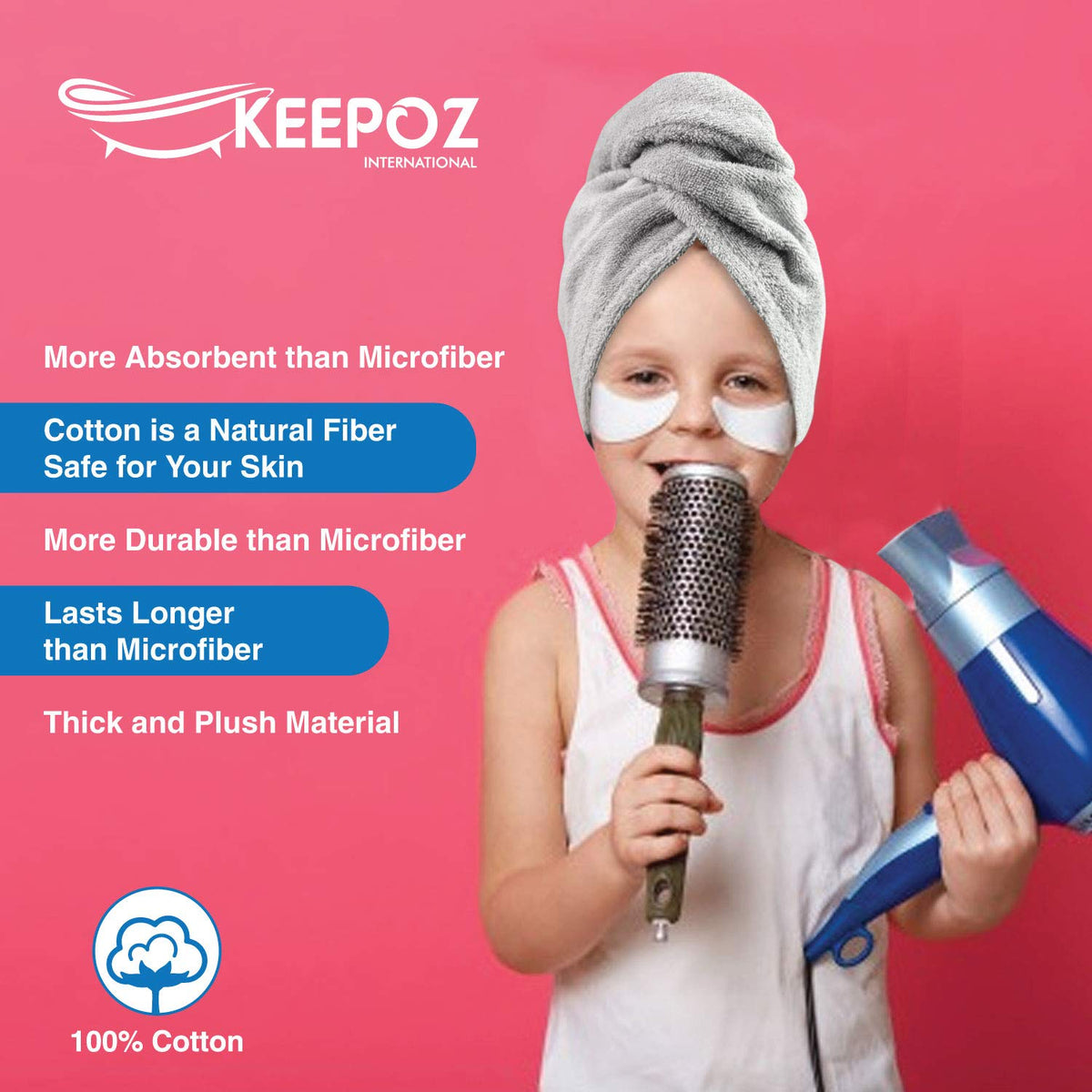 KEEPOZ towel shown with hand for size and scale indicating roomy fit benefit