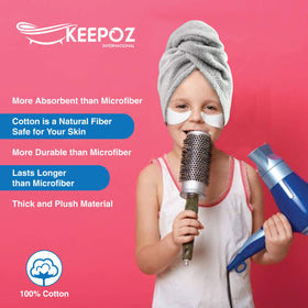 KEEPOZ towel shown with hand for size and scale indicating roomy fit benefit