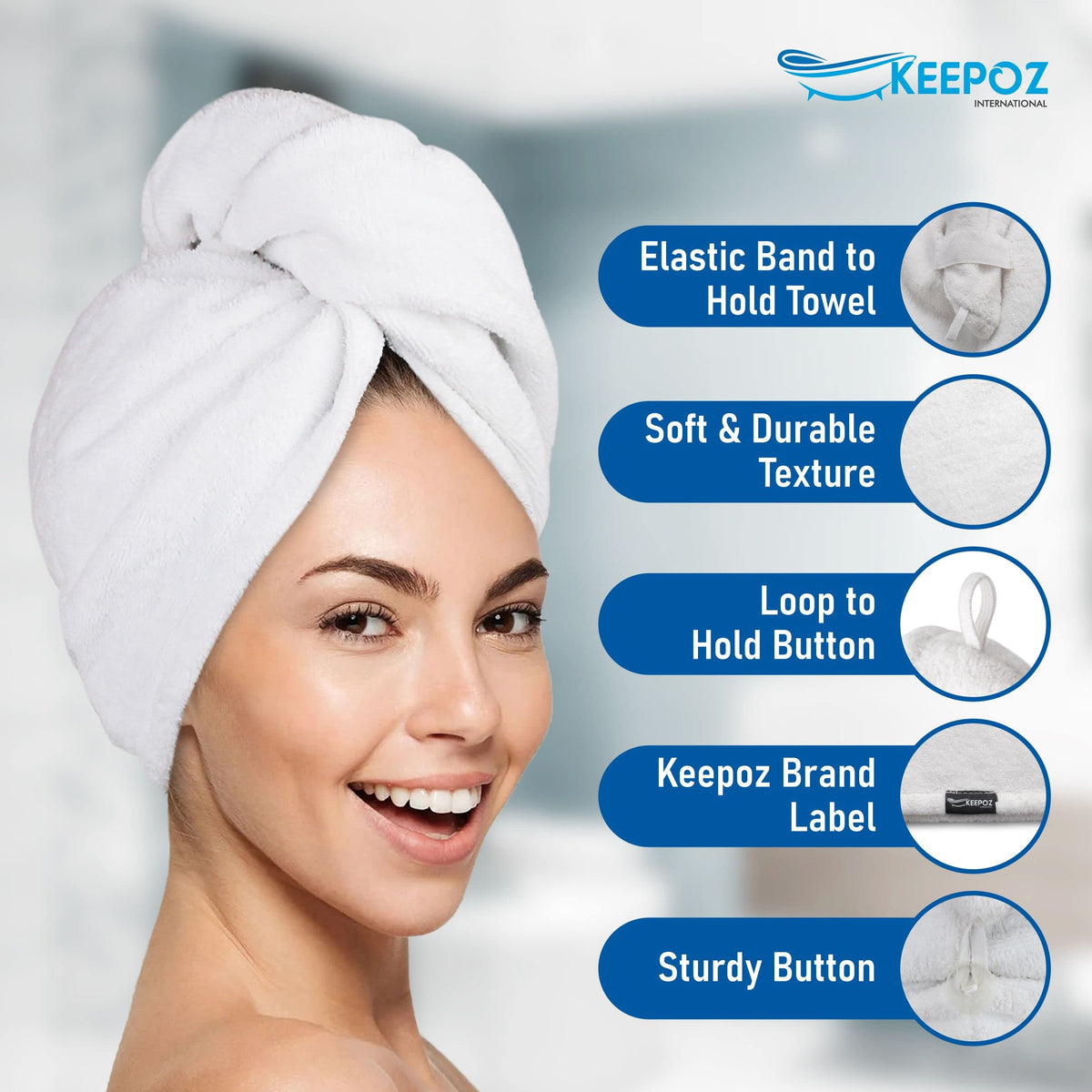 KEEPOZ model wearing turban in bathroom showing comfort and ease