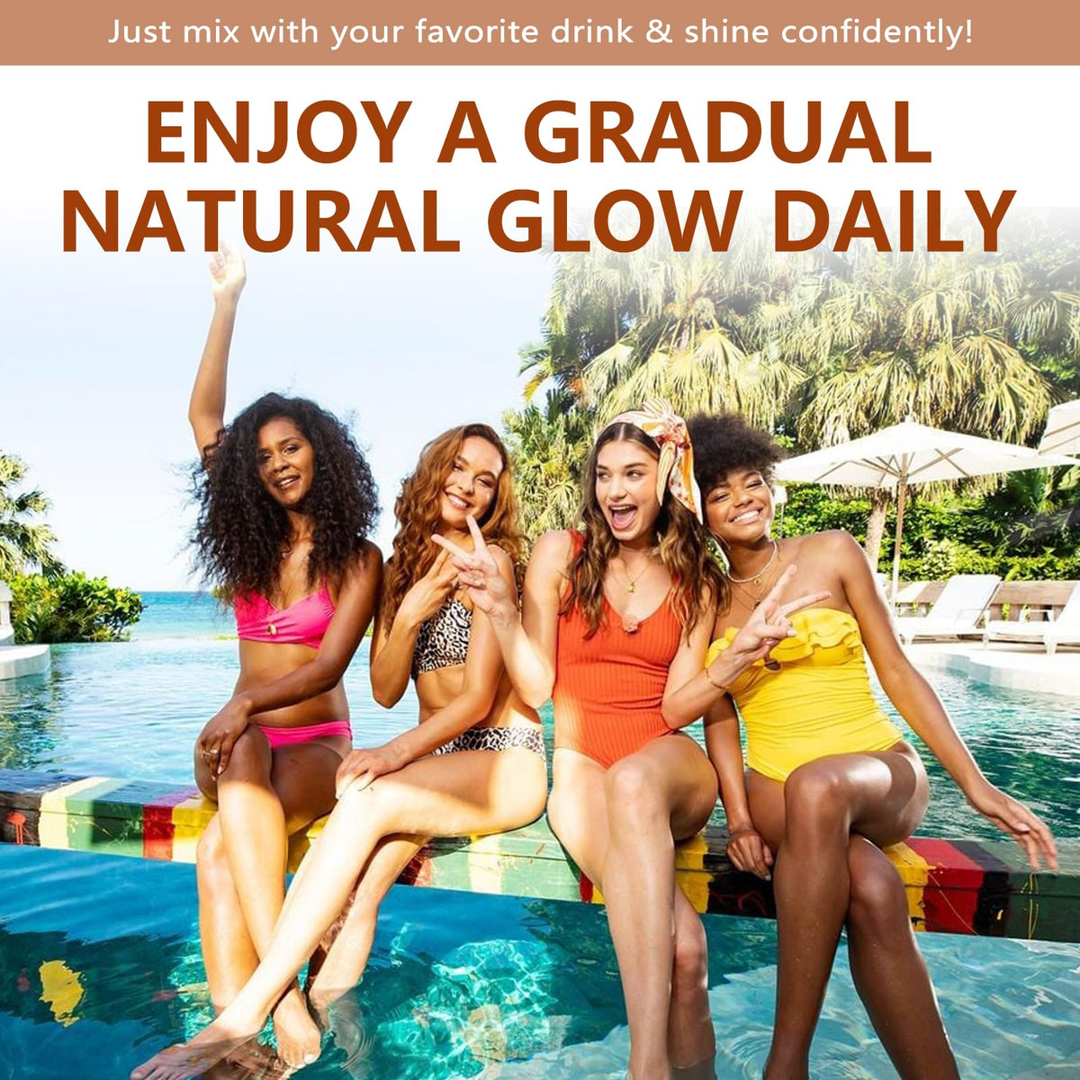 KEHOO bottle on a beachside table, lifestyle image promoting year-round glow