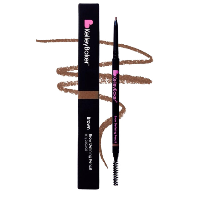 Kelley Baker brow pencil front view showing slim design and brown shade for precise shaping