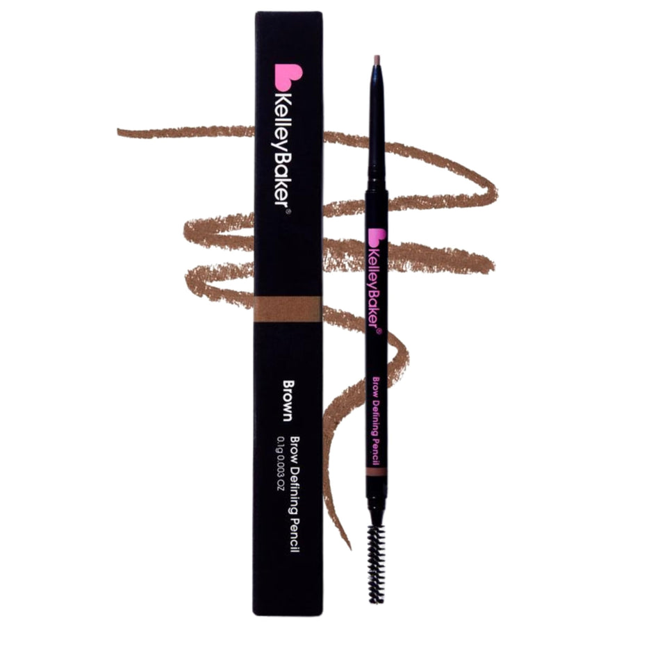 Kelley Baker brow pencil front view showing slim design and brown shade for precise shaping