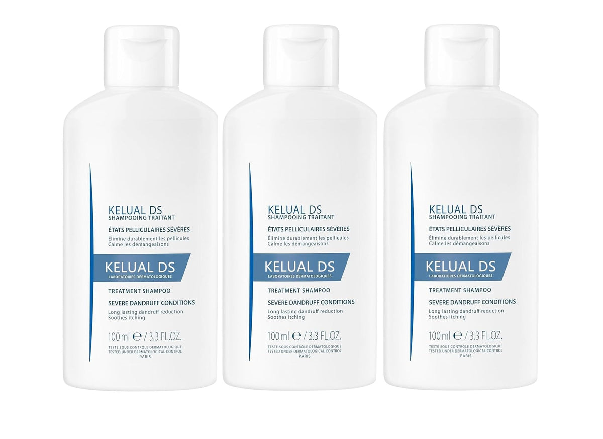 KELUAL DS front packaging showing three 3.3 fl oz bottles and product benefit