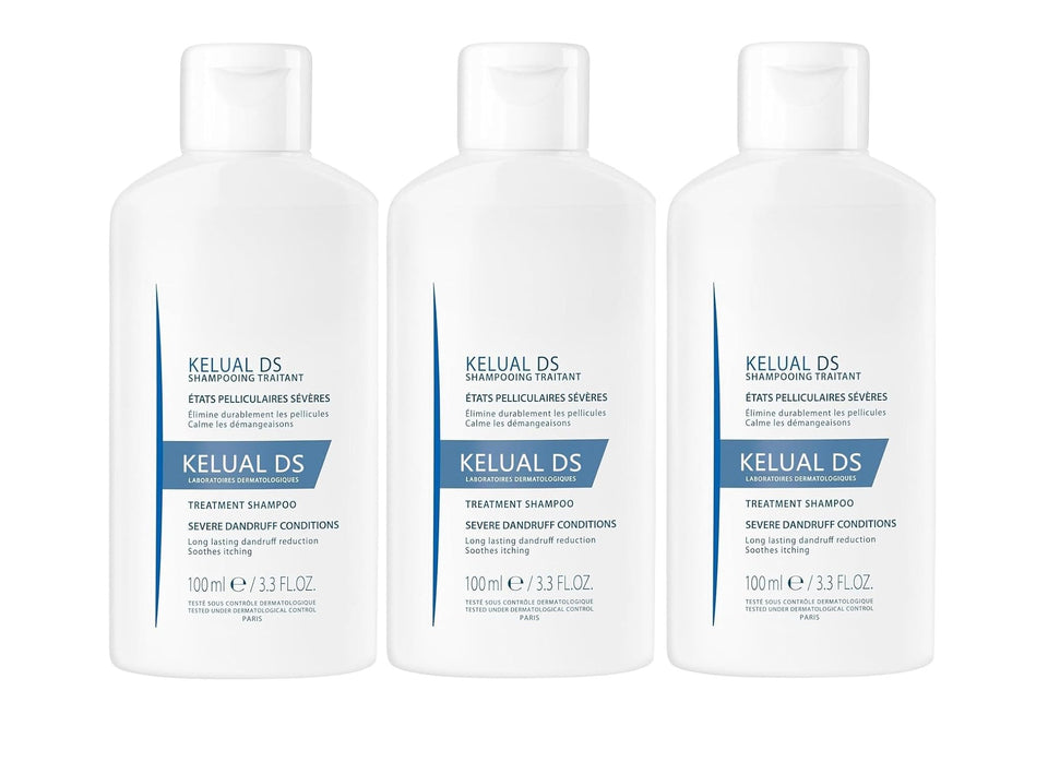 KELUAL DS front packaging showing three 3.3 fl oz bottles and product benefit