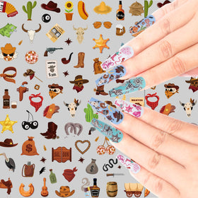 Keluna nails in use with cowboy and cactus decals to create themed manicure looks