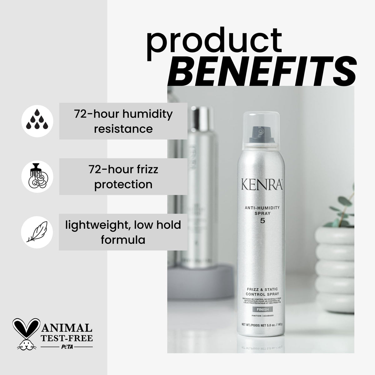Kenra anti-humidity spray 5 label detail highlighting humidity protection