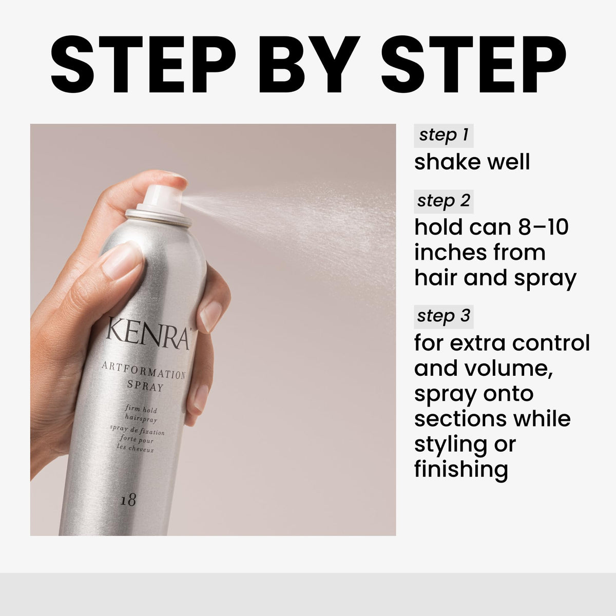 Kenra Artformation Spray 18 in use spraying hair for fast-drying hold and volume