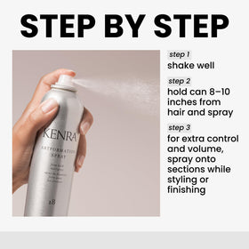 Kenra Artformation Spray 18 in use spraying hair for fast-drying hold and volume