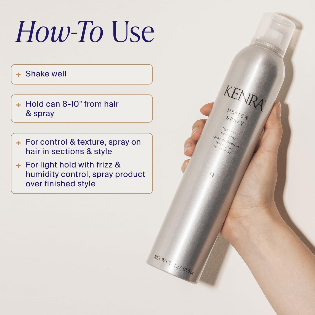 Kenra can beside a hand to show 10 oz scale and salon-sized value