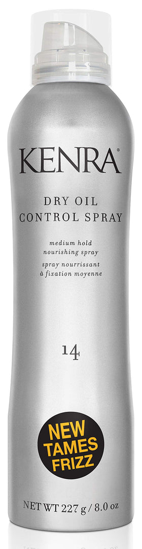 Kenra dry oil control spray front packaging shows product and brand benefits
