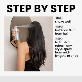 Kenra bottle held in hand applying mist to ends for controlled smoothing benefit