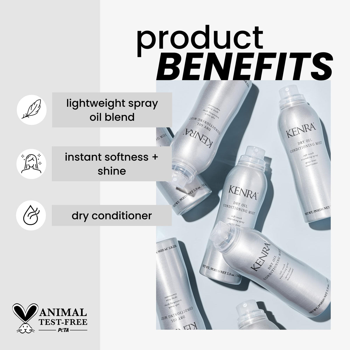 Kenra spray nozzle releasing fine mist to demonstrate even lightweight application benefit