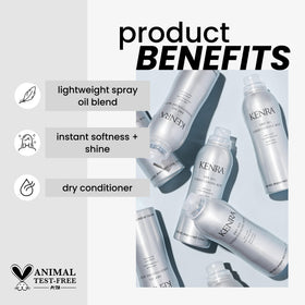 Kenra spray nozzle releasing fine mist to demonstrate even lightweight application benefit