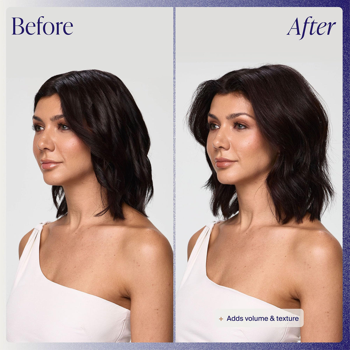 Side-by-side before and after using Kenra highlighting visible root-to-end volume