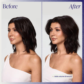 Side-by-side before and after using Kenra highlighting visible root-to-end volume