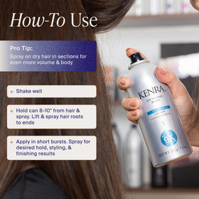 Kenra can held in hand to display 7.5 oz size and travel-friendly convenience