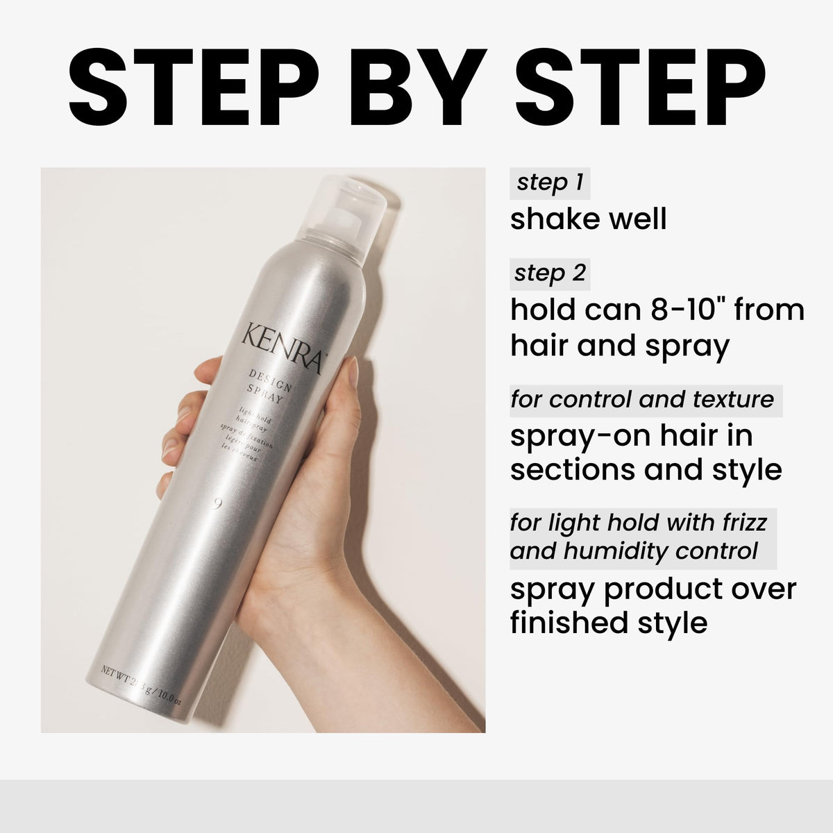 Kenra stylist applying spray to finished hair for frizz control
