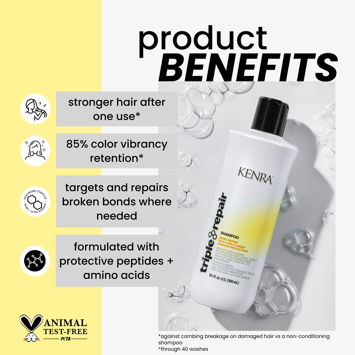 Kenra close-up label detailing peptides and sulfate-free formula benefit