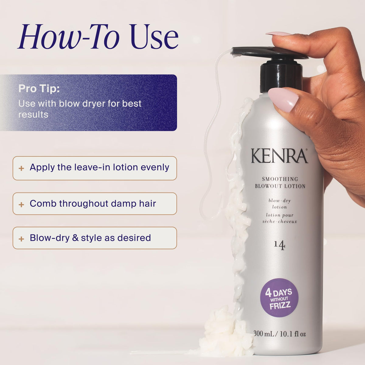 Kenra lotion being applied to damp hair to improve manageability and reduce frizz
