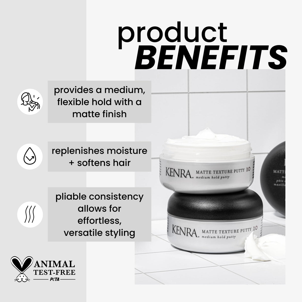 Kenra open jar showing matte putty texture for easy application and pliability