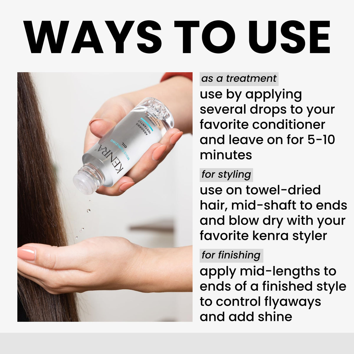 Kenra oil applied to damp hair for hydration and heat protection benefit