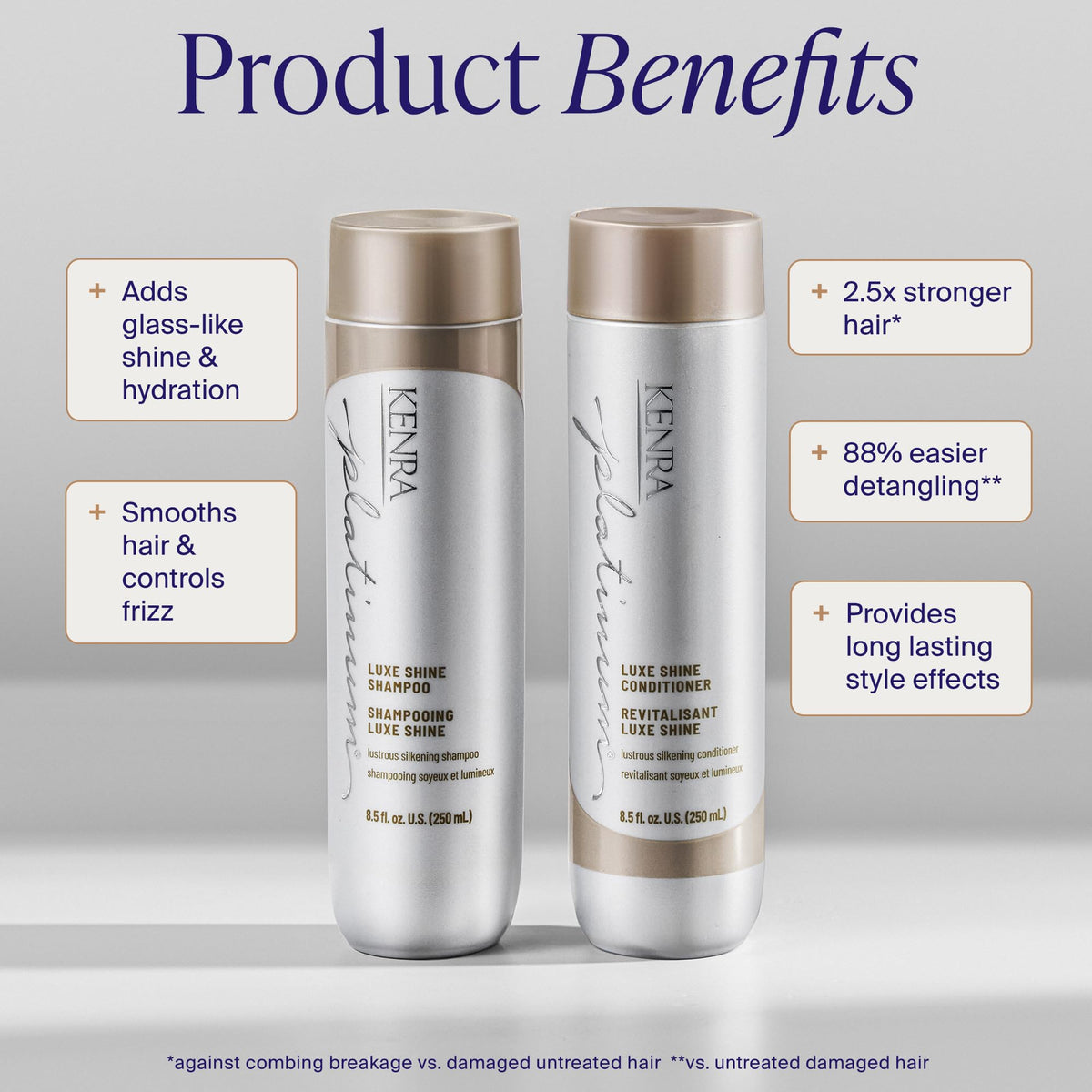 Kenra label close-up highlighting Platinum Luxe Shine formula details and trust