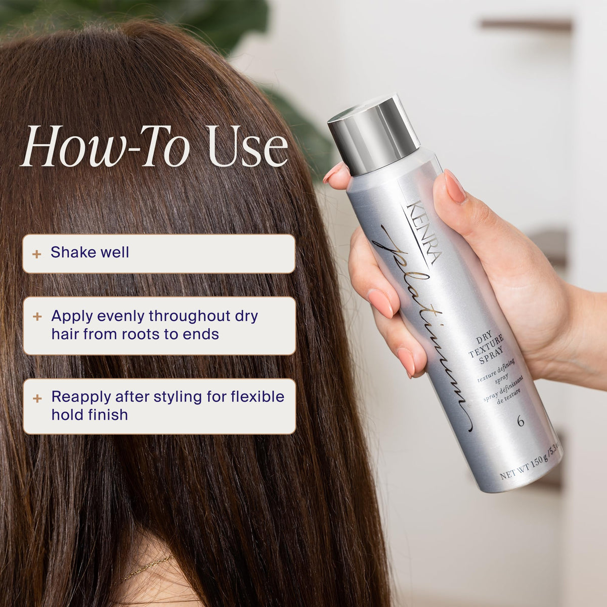 Matte-finish hairstyle styled with Kenra, displays natural-looking volume and grip