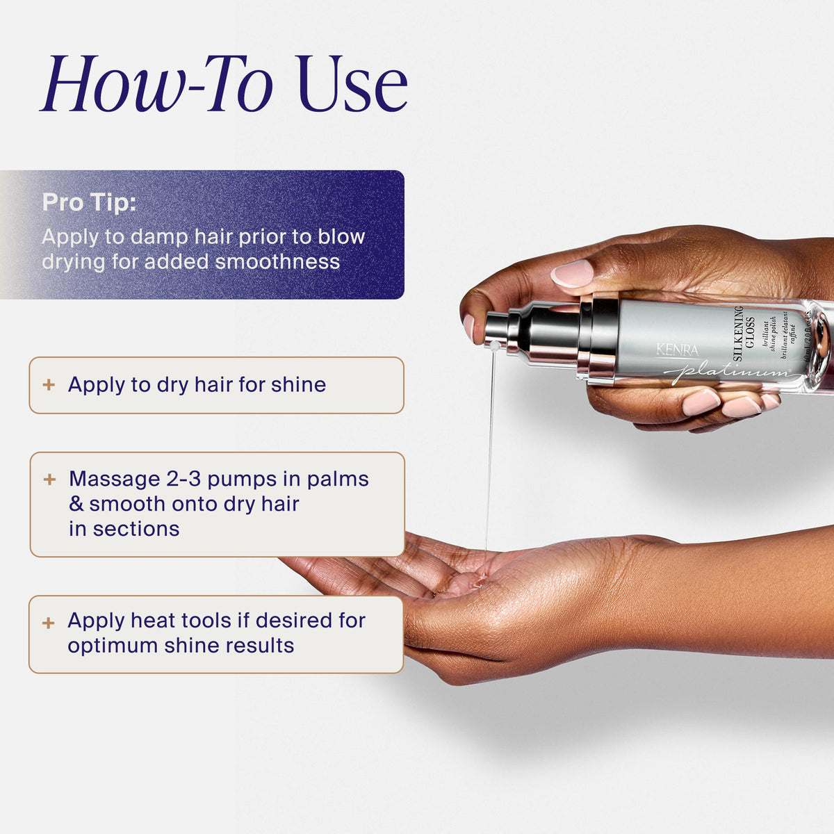 Kenra Platinum Silkening Gloss being applied to hair ends, smoothing and reducing frizz visibly