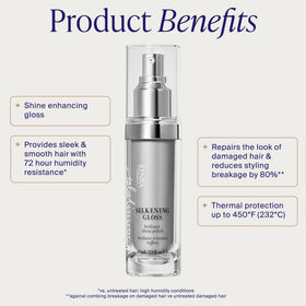 Kenra Platinum Silkening Gloss nozzle dispensing a drop, demonstrating easy controlled application benefit