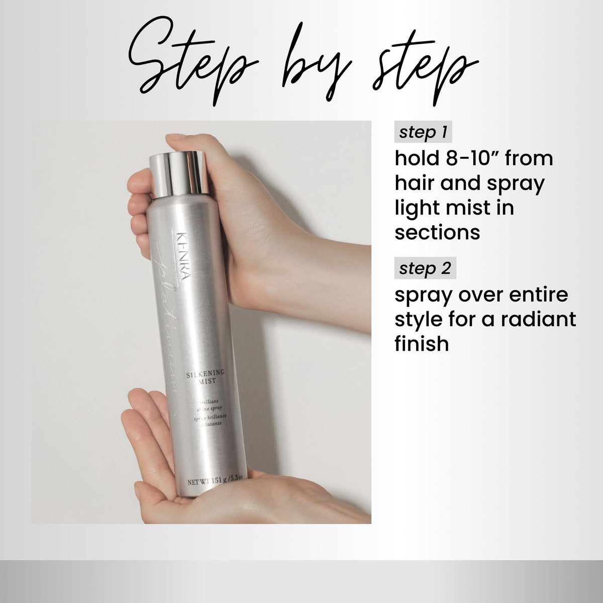 Kenra Platinum Silkening Mist on model with straight hair for sleek finish