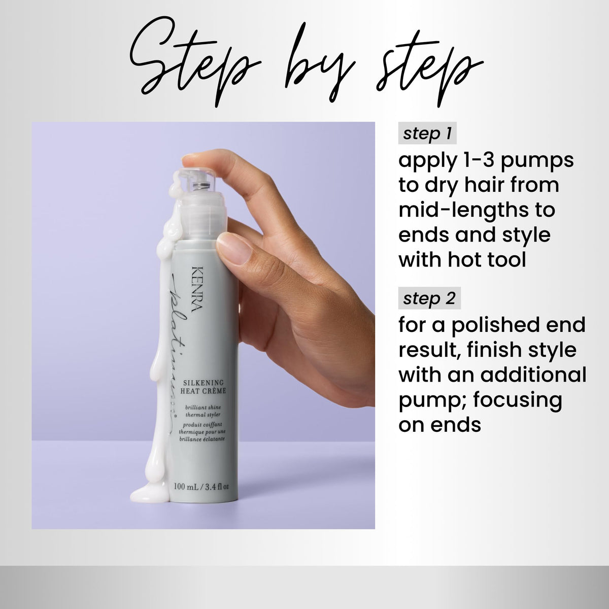 Kenra platinum held in hand to show 3.4 fl oz scale and travel-friendly benefit