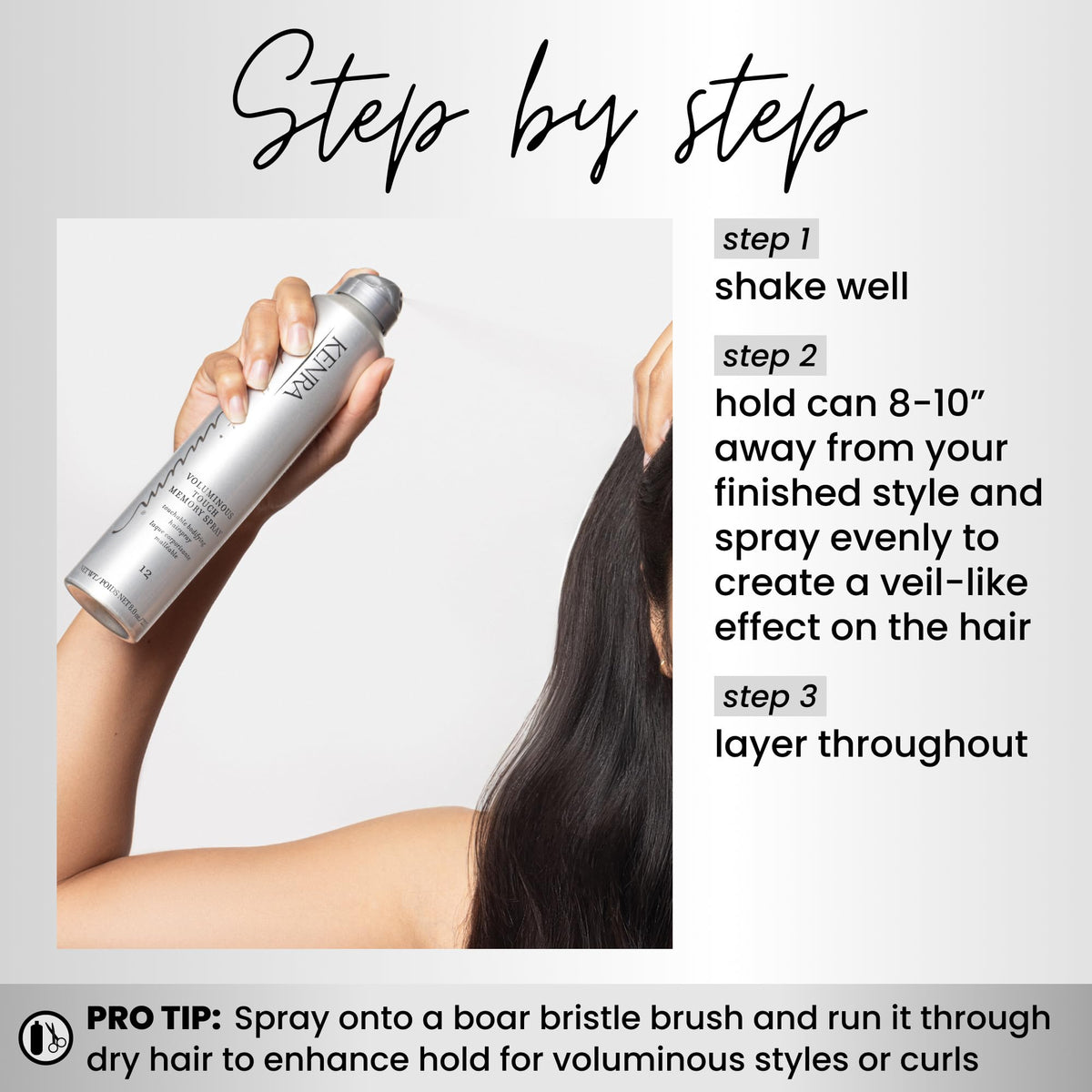 Kenra spray used at roots creating visible lift and lasting volume