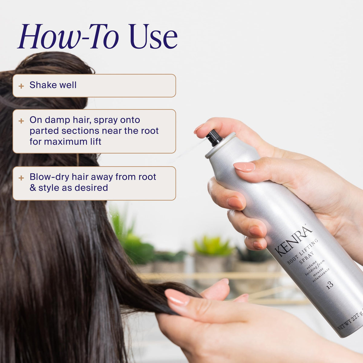 Kenra used during blow-dry creating volume and smooth styling results