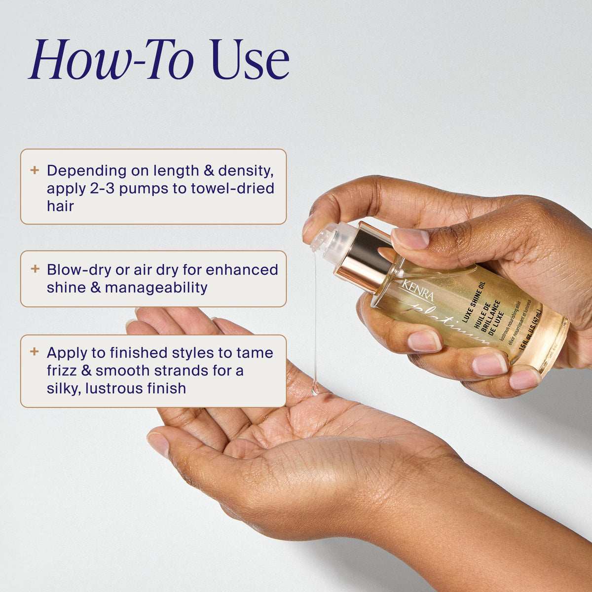 Kenra oil texture in hand highlighting lightweight feel and instant smoothing benefit
