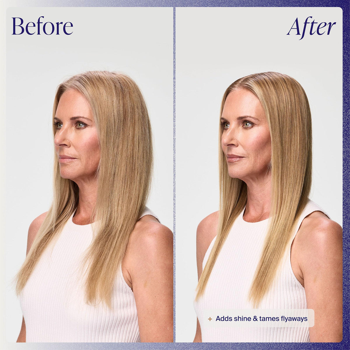 Person using Kenra shine spray to tame flyaways and enhance gloss