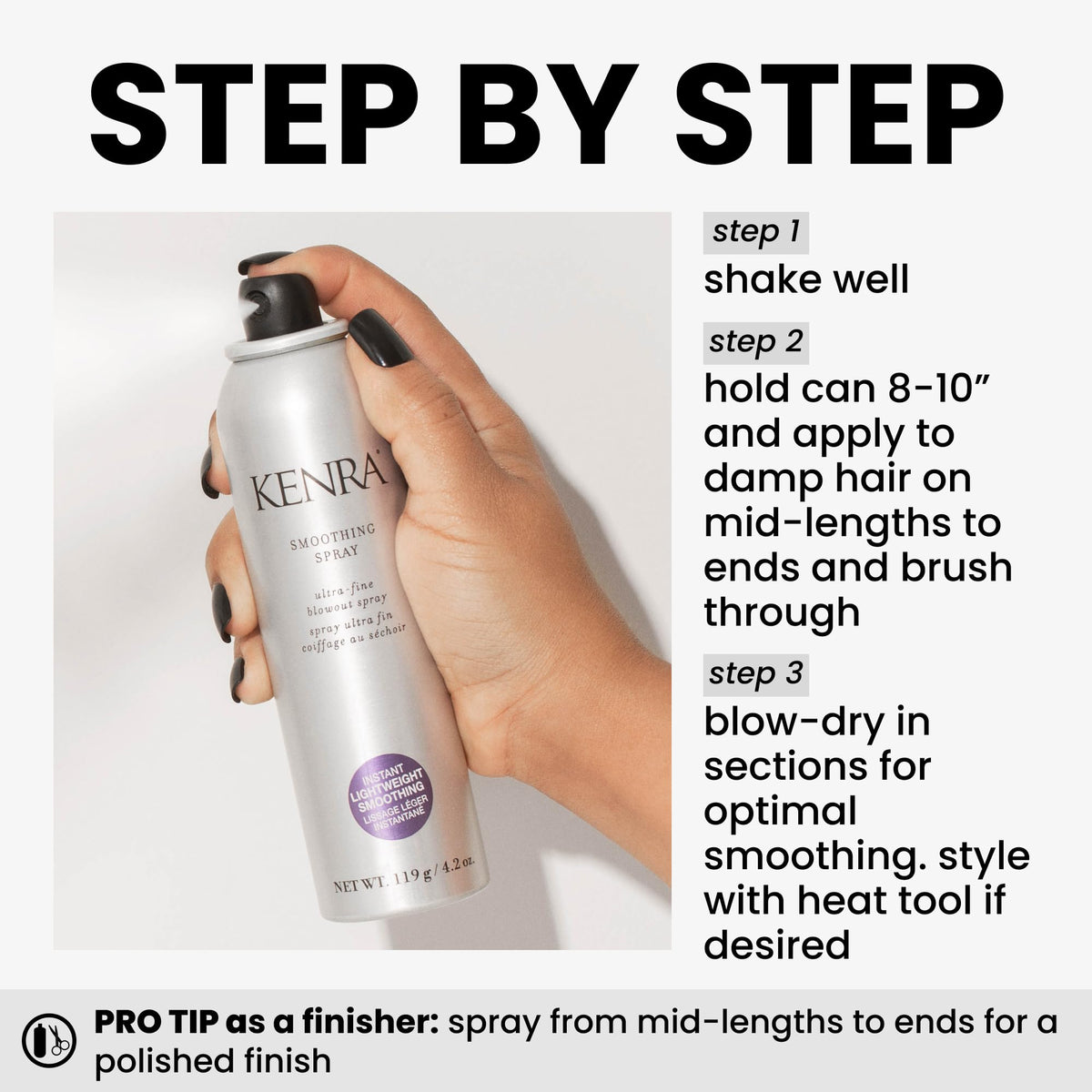 Kenra bottle held in hand illustrating compact 4.2 oz travel-friendly size