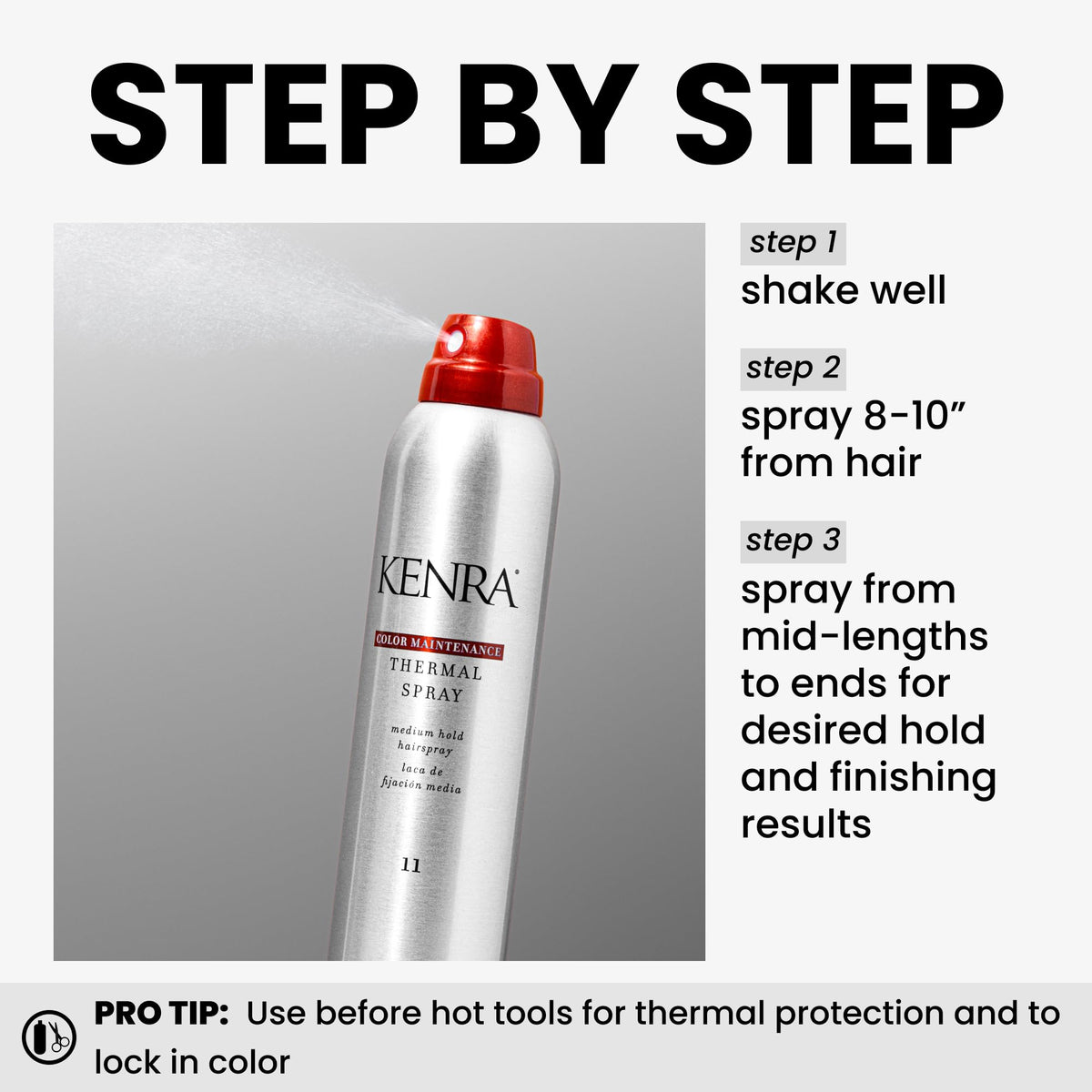 Kenra being sprayed during blowdrying to protect color and reduce heat damage