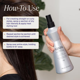 Kenra bottle in hand to show 10 fl oz scale and portable styling convenience