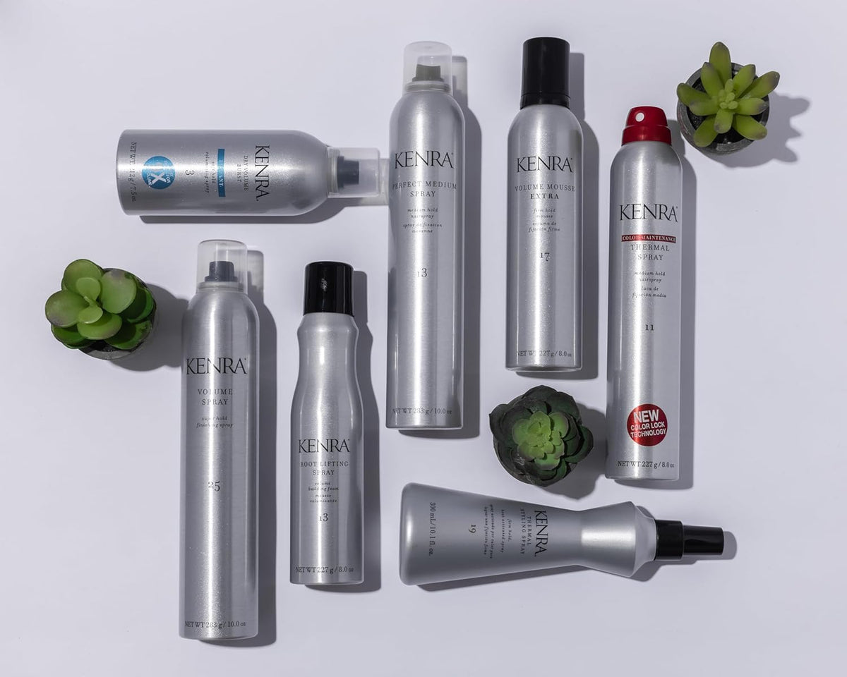 Kenra product label and features highlighting heat protection benefits