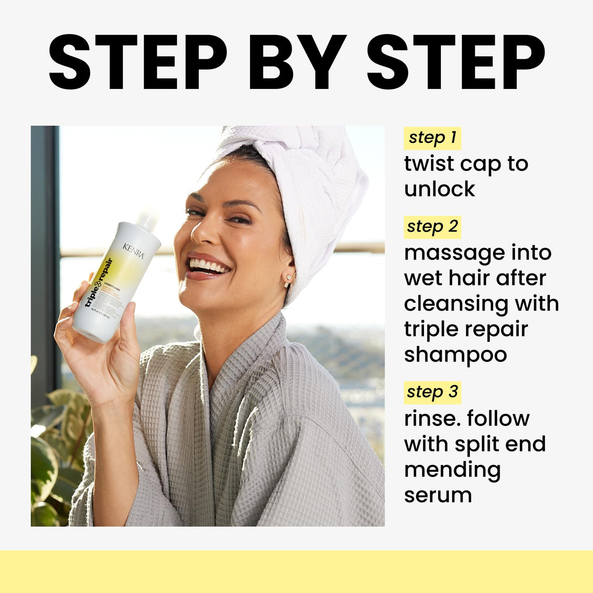Kenra conditioner in bathroom use applied to wet hair, supports detangling