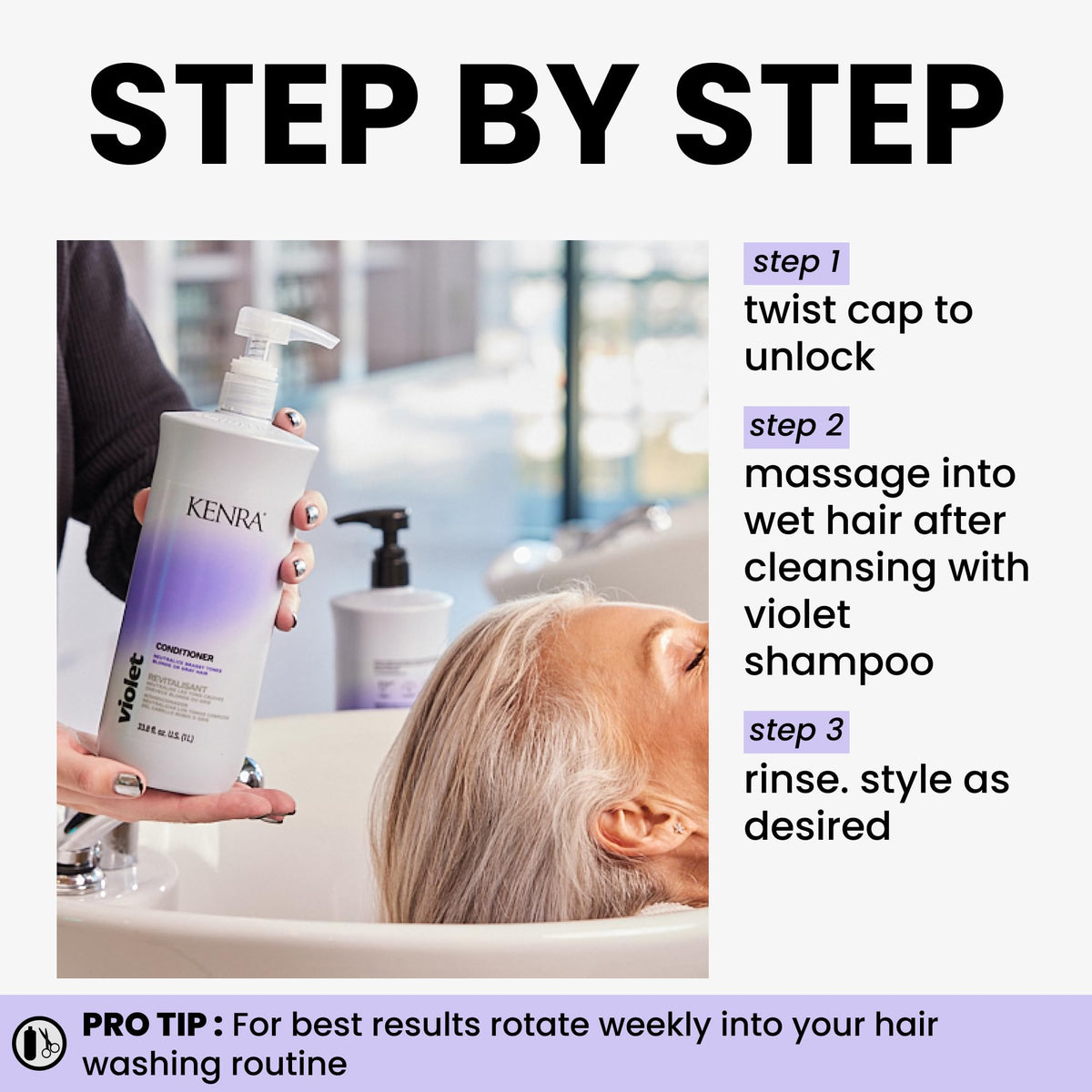 Kenra applying conditioner to blonde hair demonstrating even deposit and manageability