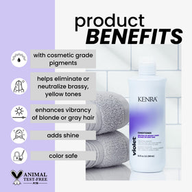 Kenra pouring conditioner texture to show creamy violet pigment and conditioning benefit