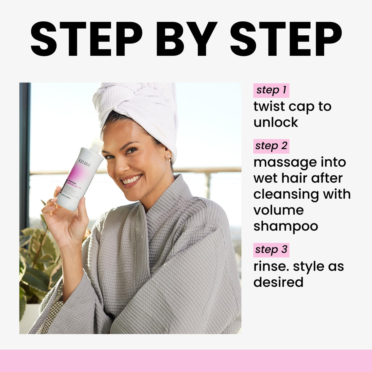 Kenra volume conditioner staged in bathroom with matching shampoo set