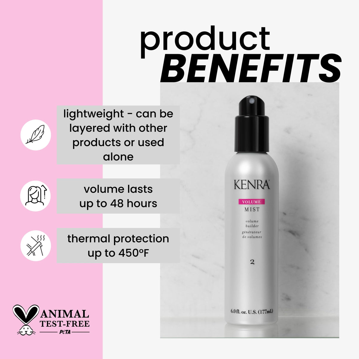 Kenra Volume Mist 2 fine mist spray detail demonstrating lightweight coverage for natural lift